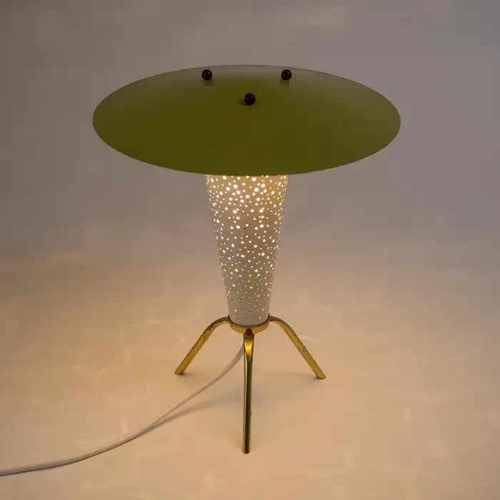 Mid-Century Modern Tripod Table Lamp – Perforated Metal Cone & Yellow UF
