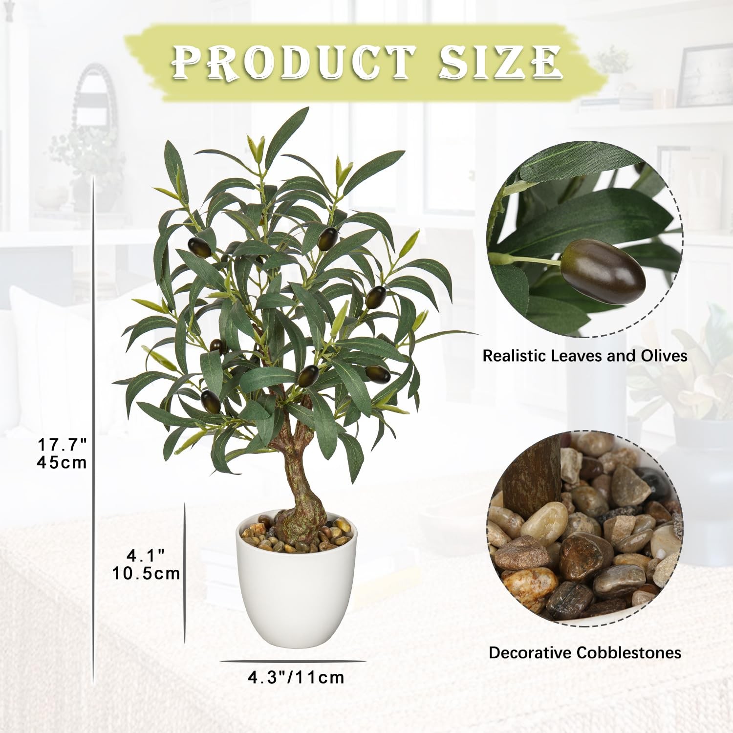 18 Inch Artificial Fake Olive Tree Indoor White Pot Faux Greenery Home Decor
