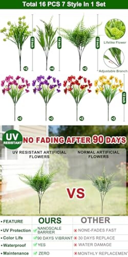 Artificial Flowers for Outdoors, UV Resistant No Fade 16 Bundles 7 Styles Fake