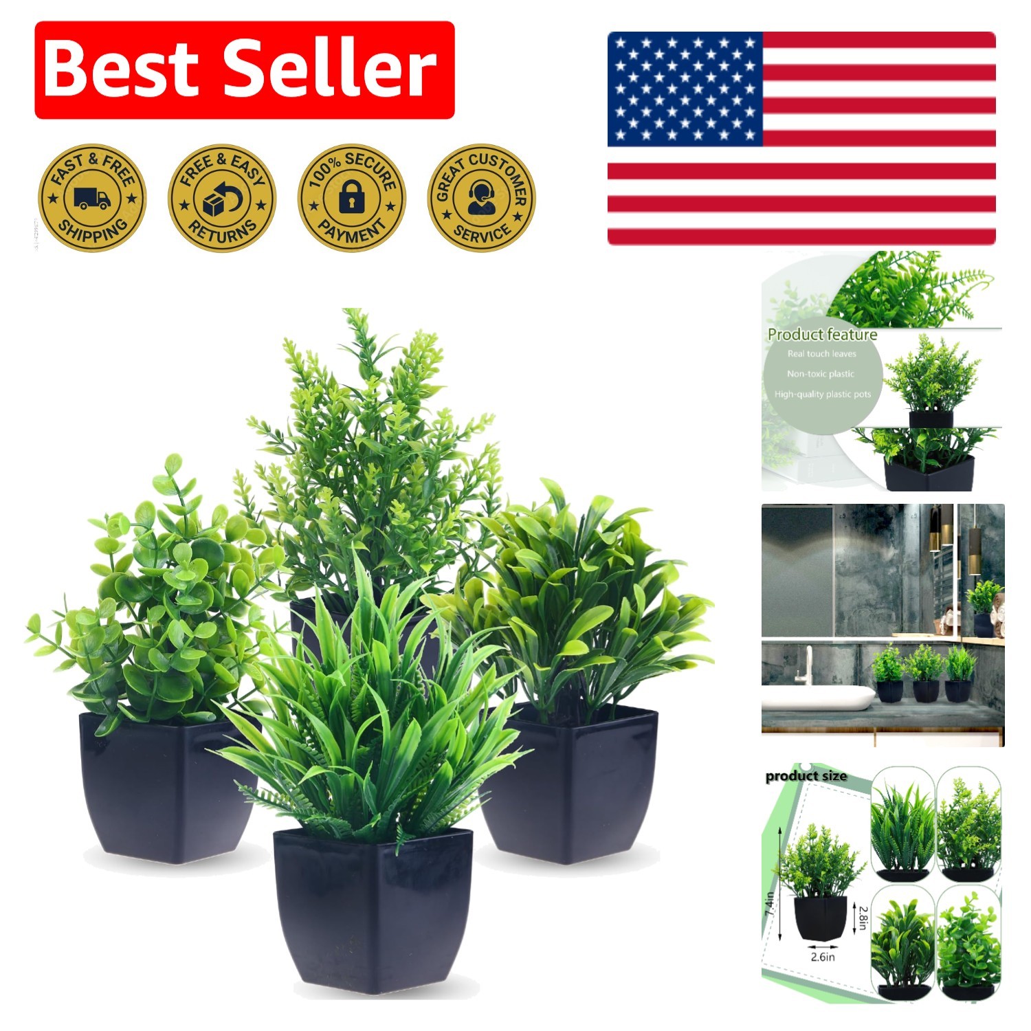Pet-Friendly Mini Fake Eucalyptus Plants – 4 Pack for Home and Office Decor