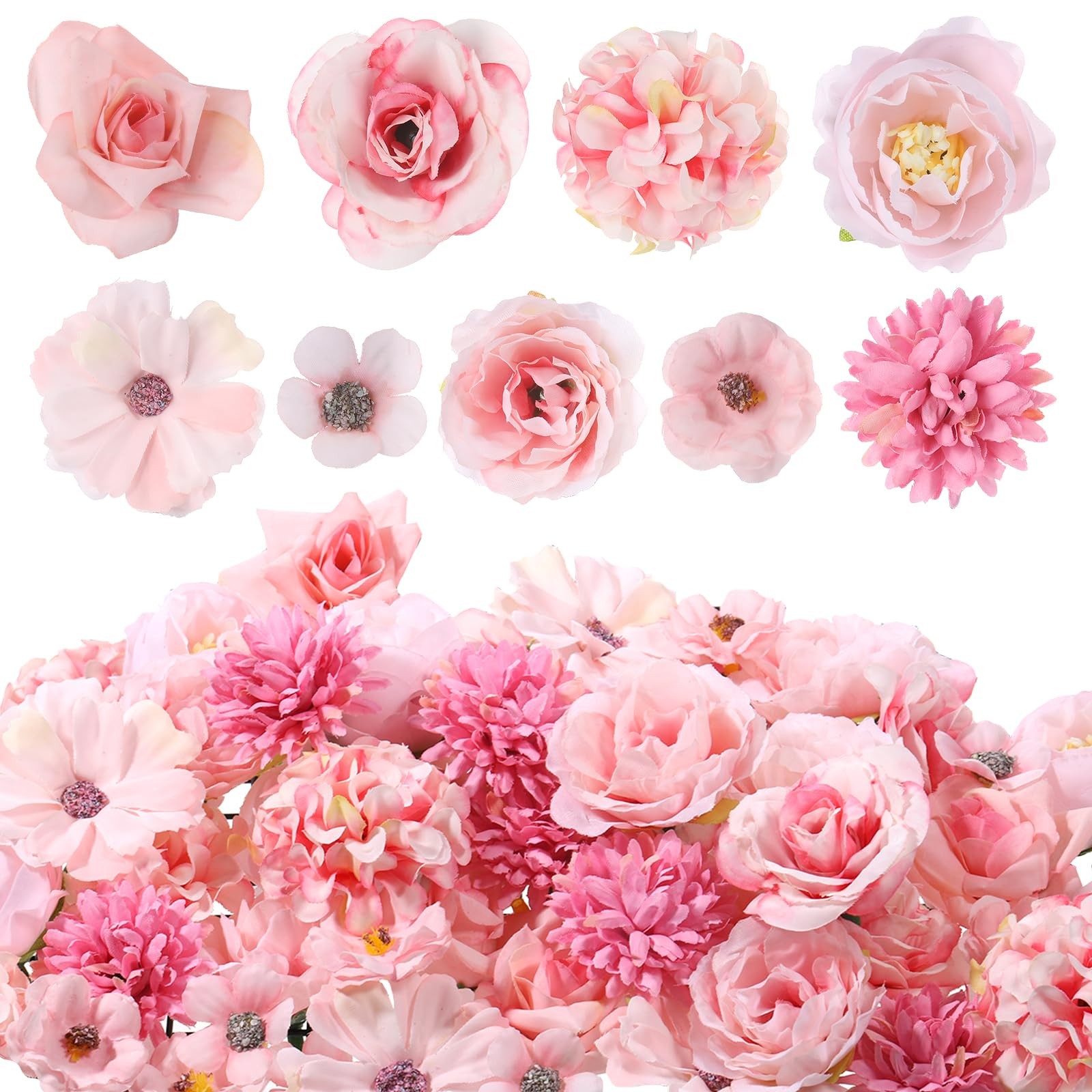 Mini Pink Fake Rose Flowers Silk Fabric Crafts DIY Faux Rose Heads 63 PCS