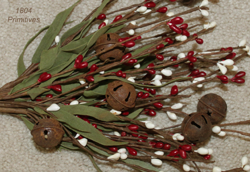 12″ Pip Berry Stem Bunch w/Rusty Tin BELLS – Red and Cream – Christmas Holiday