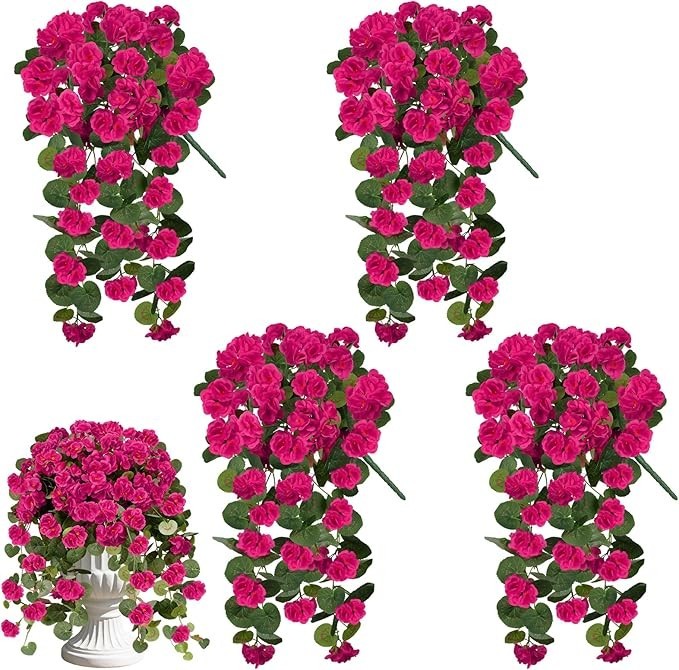 4 PCS Faux Geraniums Flowers for Outdoor Planters Artificial Hanging Flowers Spr