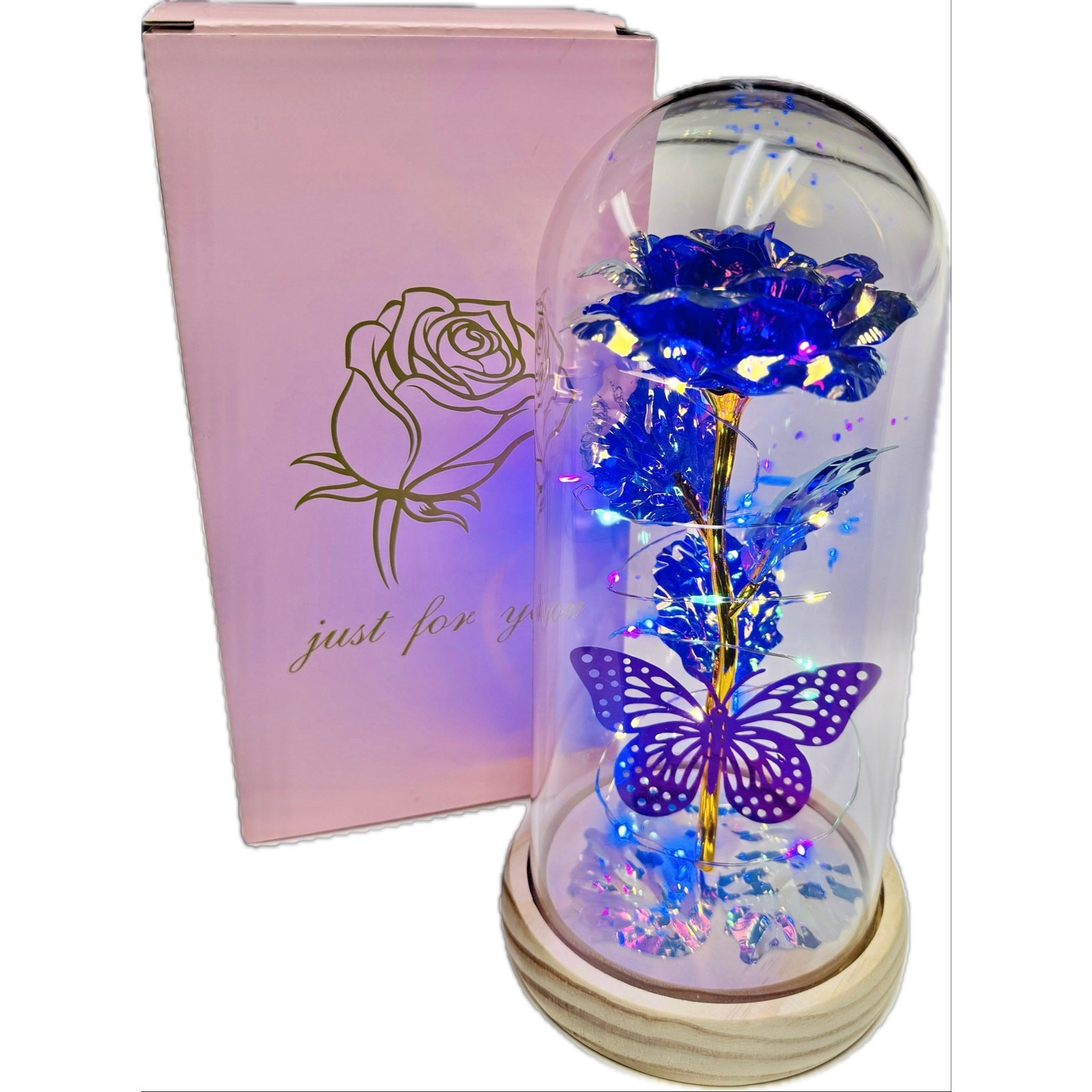 Qunpon LED Blue Rose Gold Foil Glass Dome Light Up Flower Just For You Gift NEW