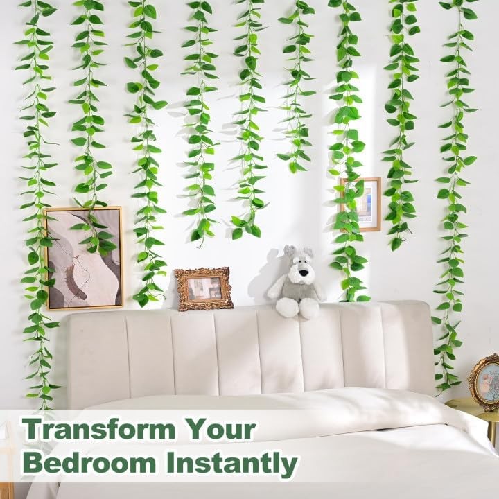 2Pcs Fake Vines with Faux Pothos Leaves, Artificial Ivy Garland Fake Plants