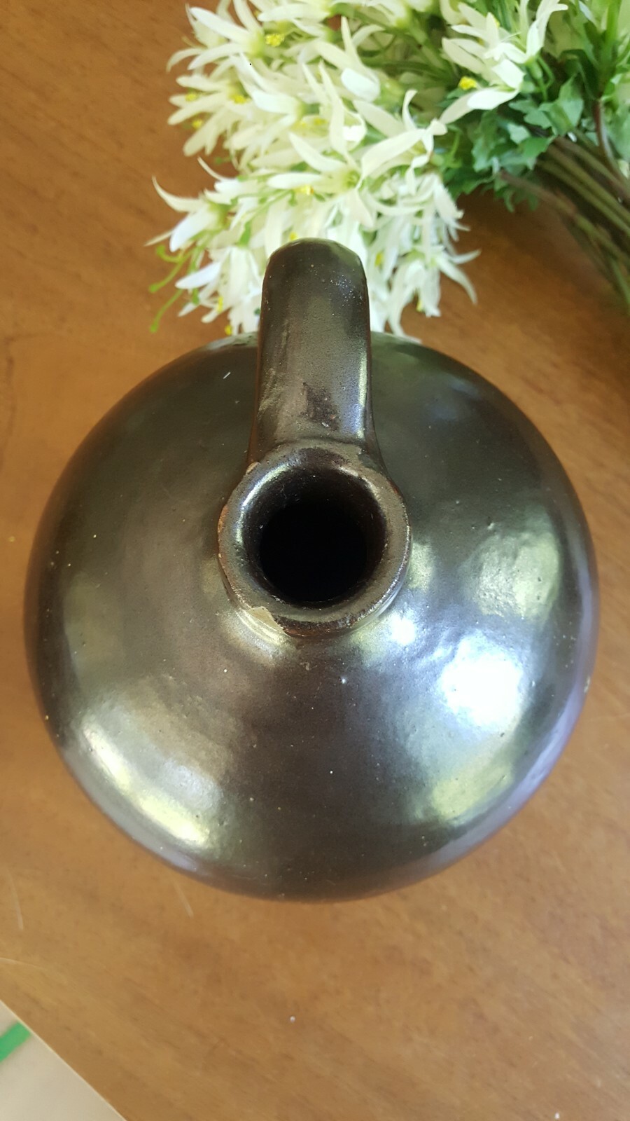 Antique Salt Glazed Stoneware Handled Whiskey Jug White Floral Stem Decor