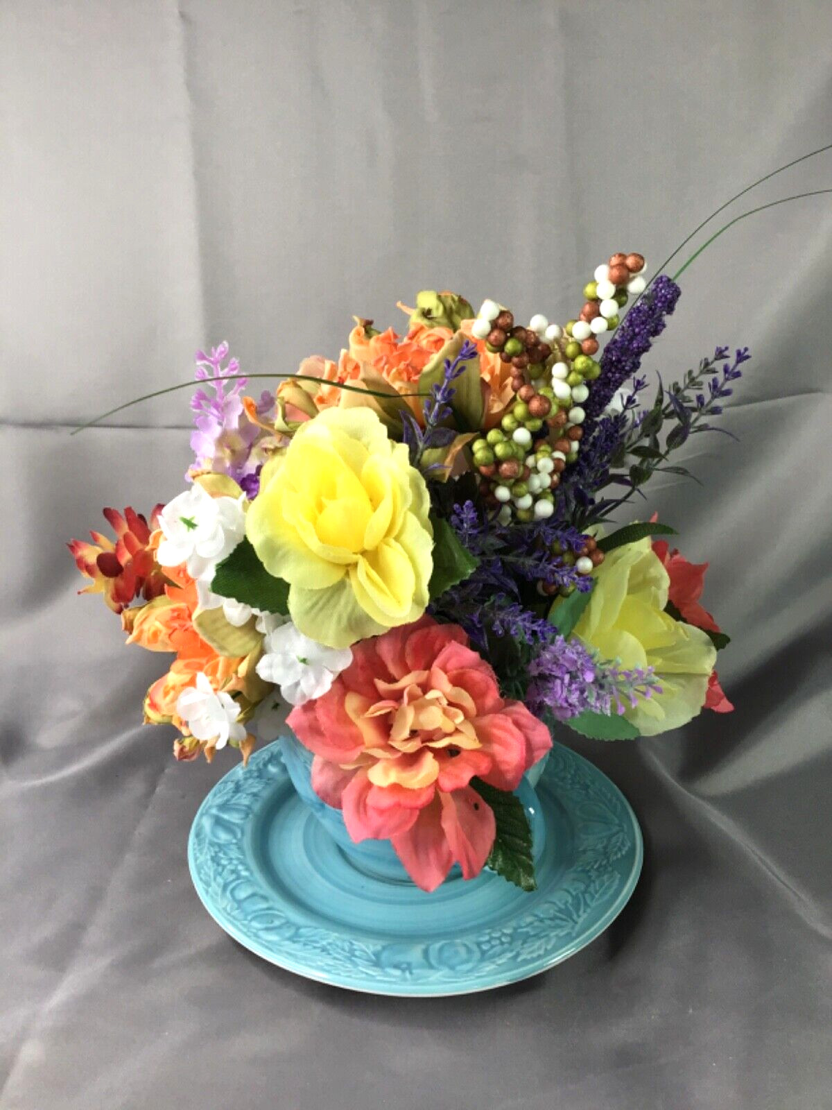 Vintage Sky Blue Oversized Cup & Sauce Coral Yellow Lavender Flower Arrangement
