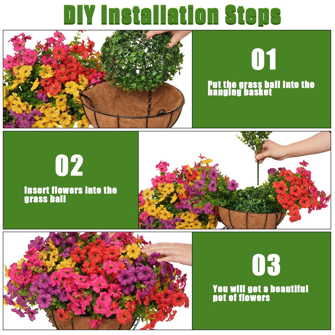 2 Set Artificial Outdoor Flowers with Hanging Basket for Garden Porch Patio B…
