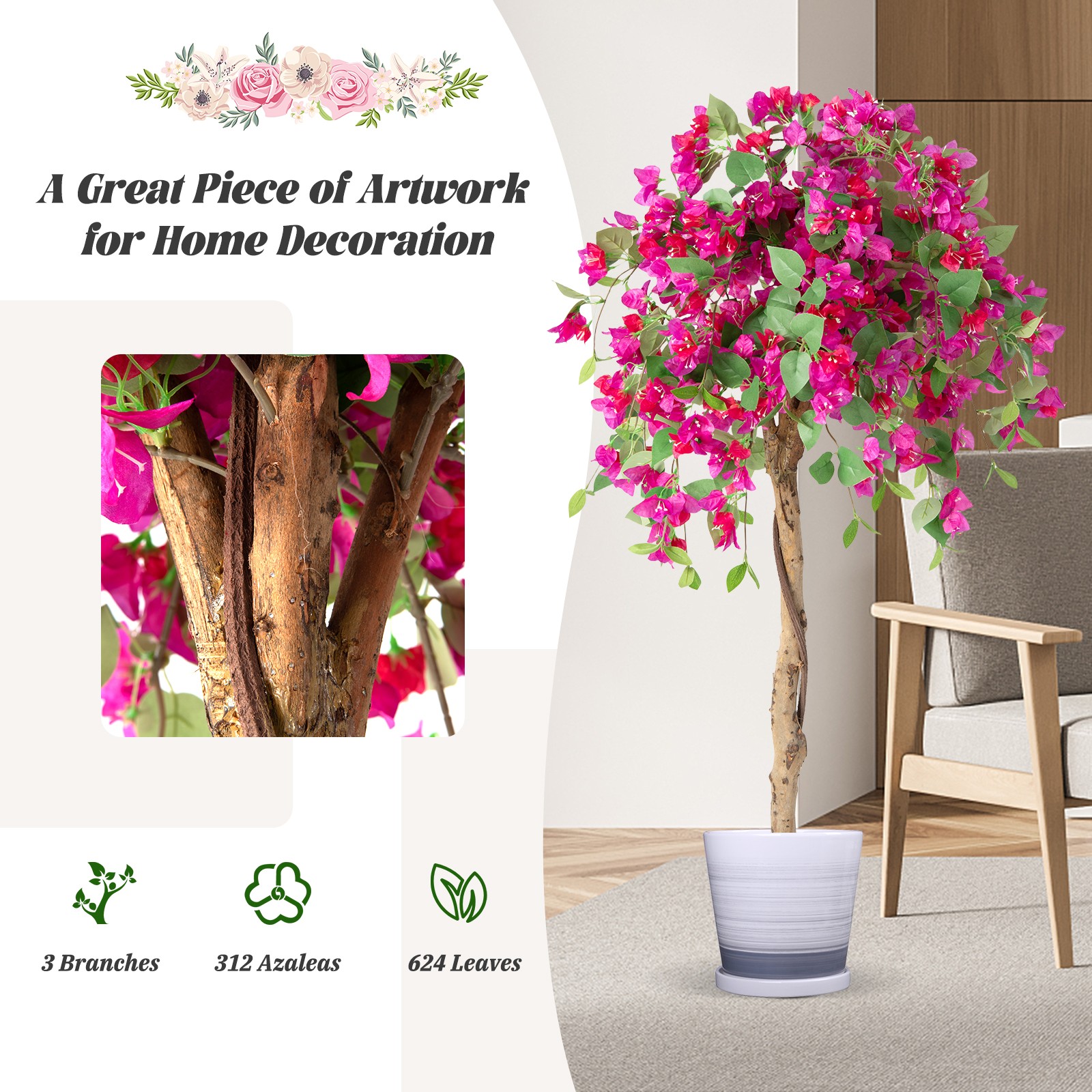 4.5 FT Artificial Azalea Tree Fake Potted Plant with 312 Flowers & 624 Leaves