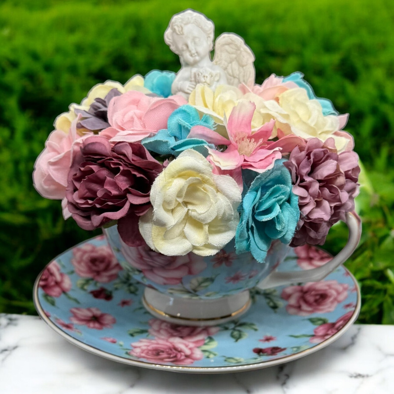 Tea Cup Fairy Flower arrangement With Cherub , Pink & Blue Ideal Gift For Her