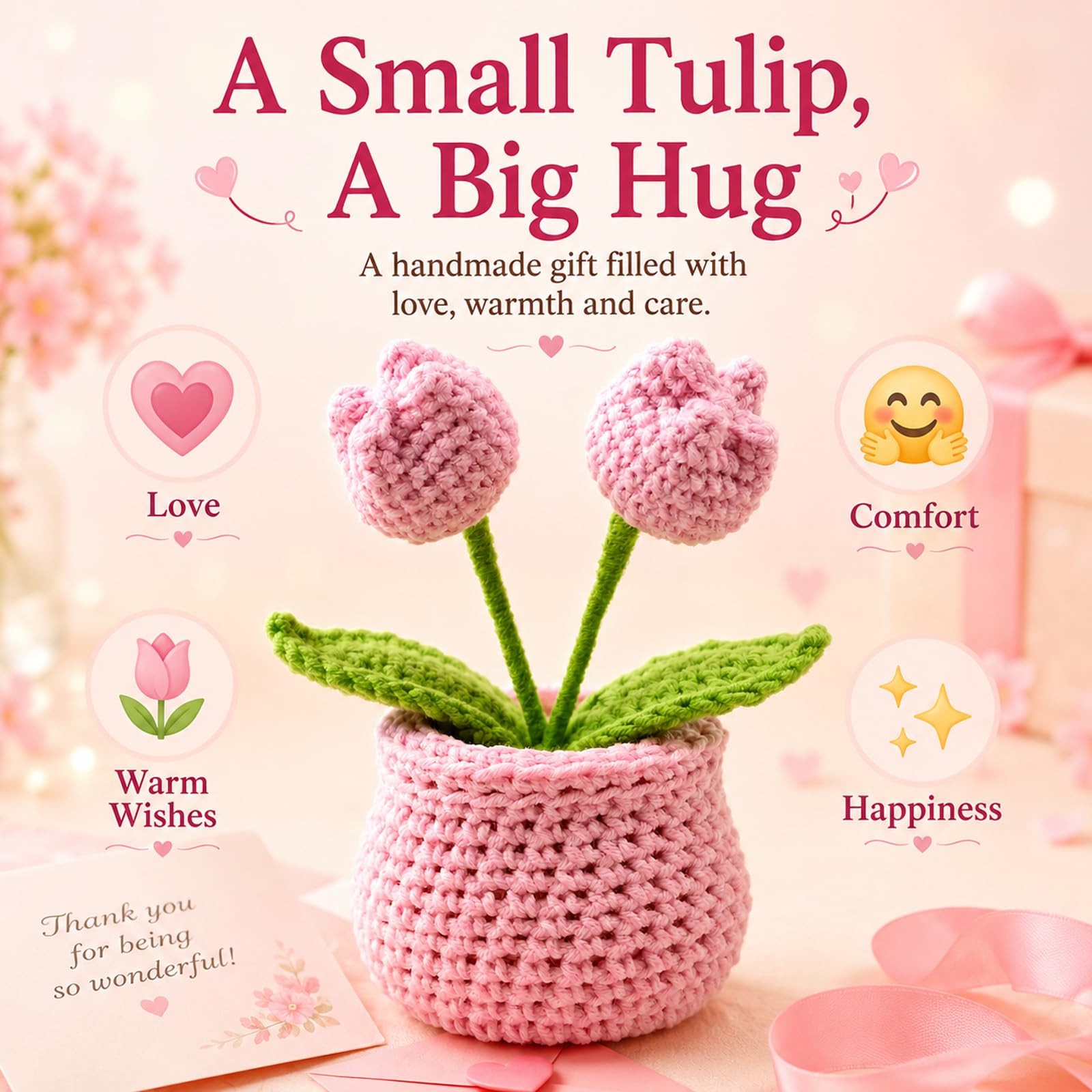 Crochet Tulip Flower Pot Pink Handmade Gift For Women Desk Shelf Decor