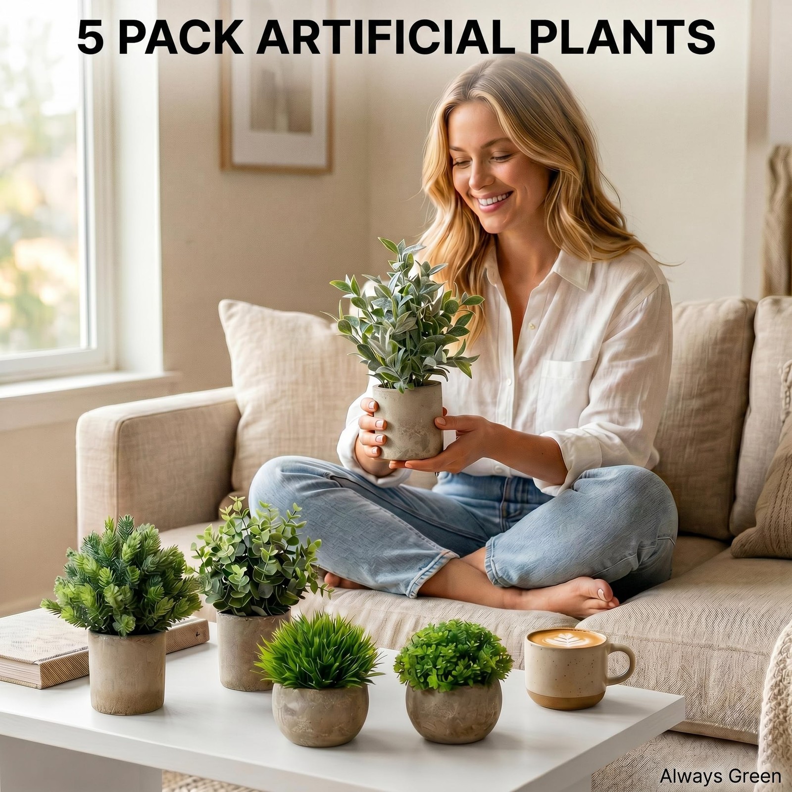 5 Pack Small Fake Plants with Pots – Realistic Faux Greenery Set, No Watering…
