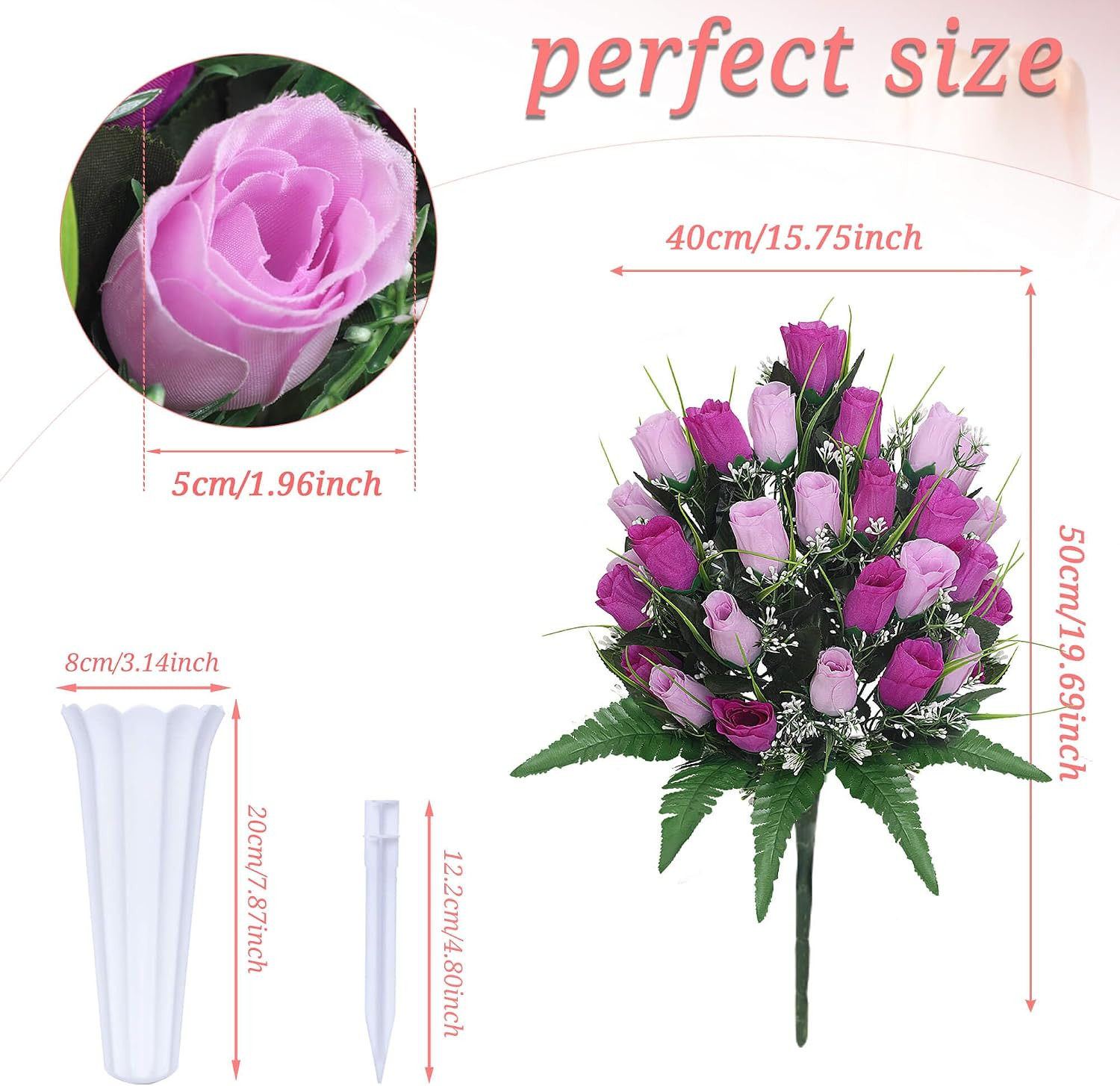 Artificial Cemetery Flowers with Vases 2 Sets Memorial Rose Bouquets for Outdoor