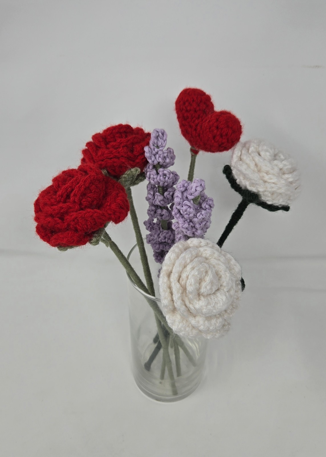Vintage Handmade Crochet Flower Bouquet 7 Roses Lavender Heart VASE NOT Included