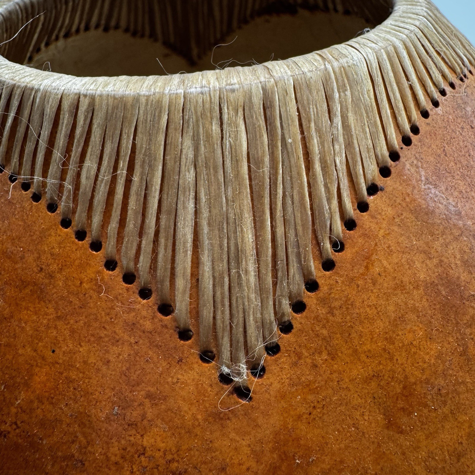 Home decor Gourd large primitive folk art Woven Trim dried flower vase