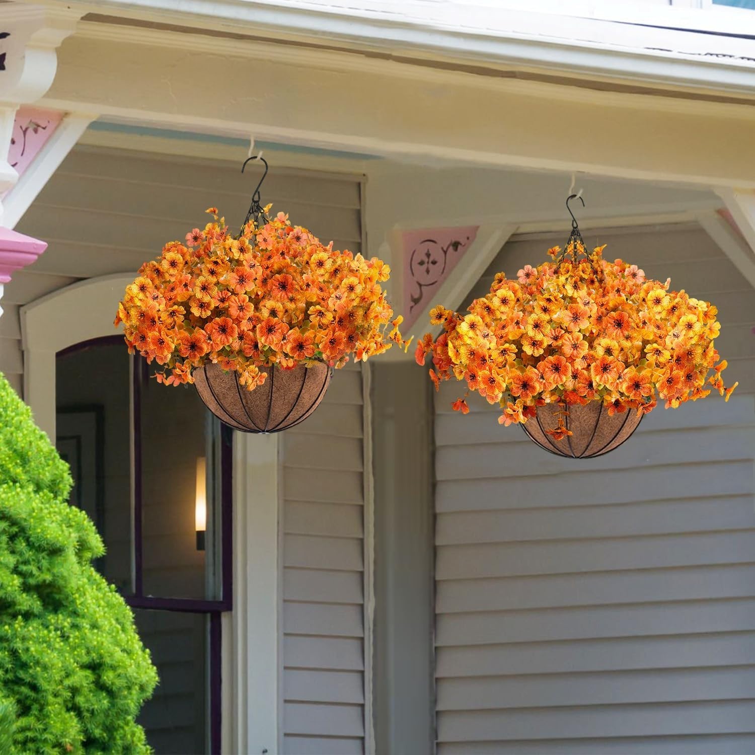 2pcs UV Resistant Artificial Fall Mums Hanging Basket for Vibrant Outdoor Decor