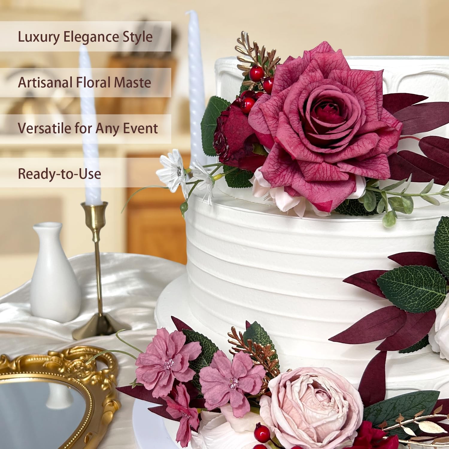 Burgundy Gold Silk Flowers For Cakes Dark Red Artificial Rose Peony Toppers