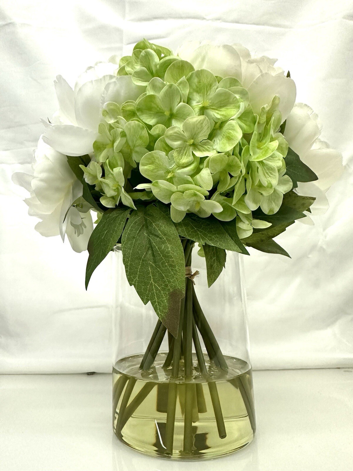 Artificial Peony Hydrangea and Tulip Glass Arrangement 13″ New