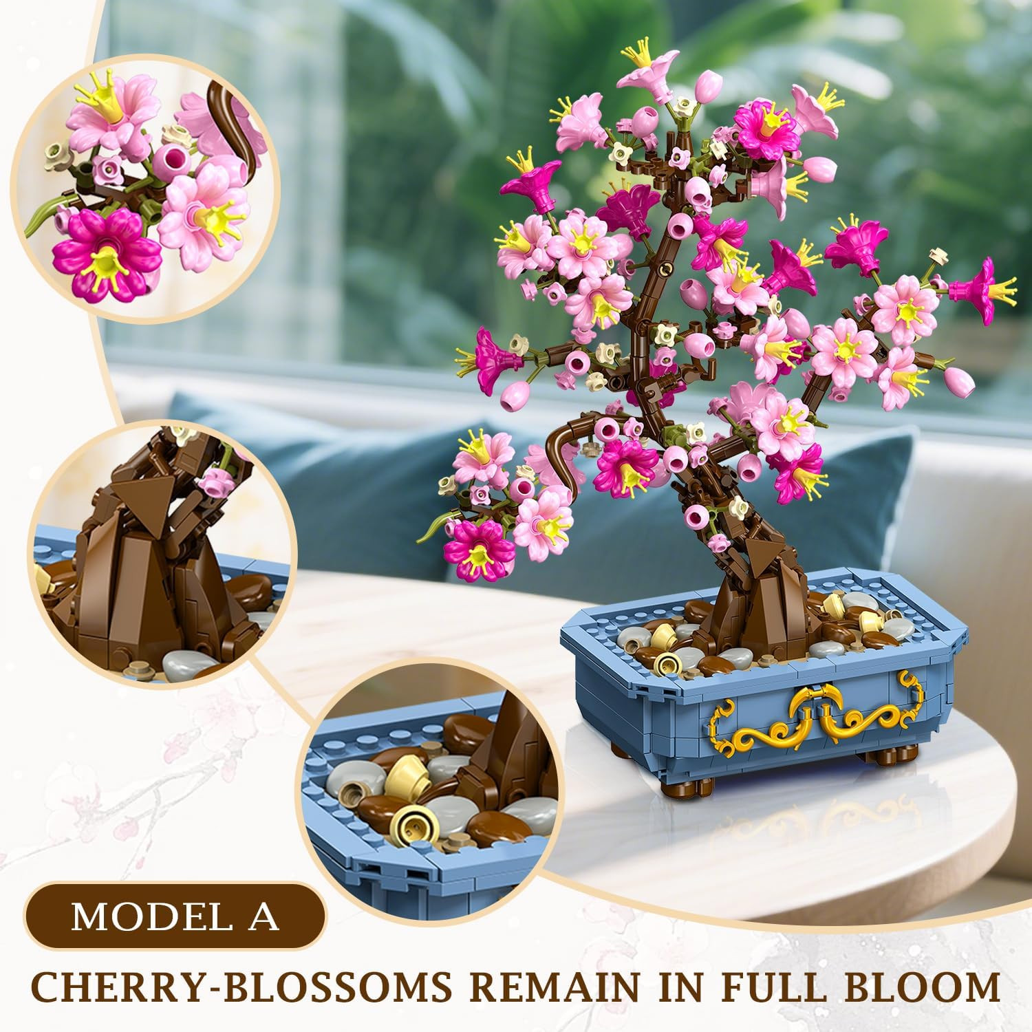 Flowers Cherry-Blossom Bonsai Building Set – 2 in 1 Artificial Bonsai Tree Plant