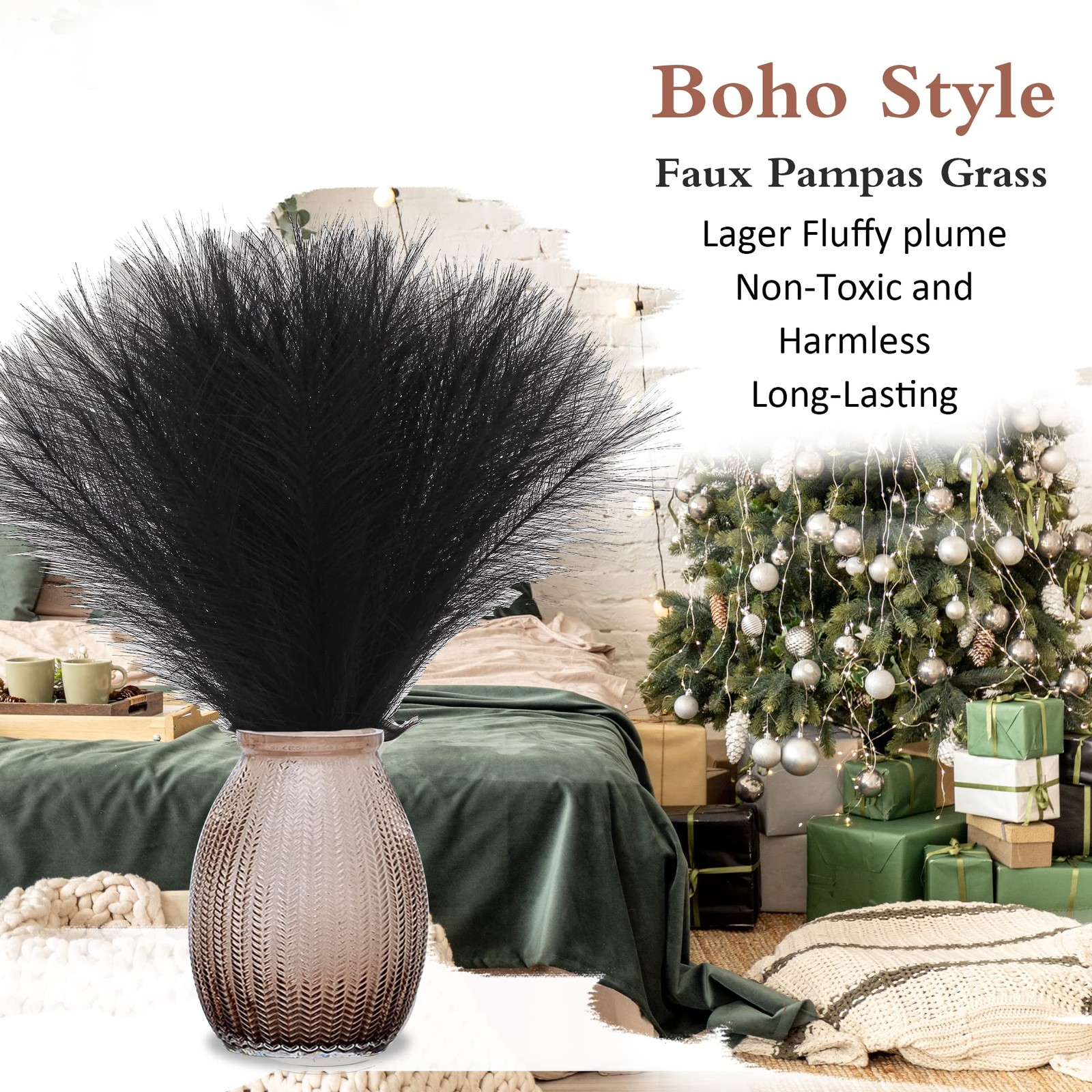 Black Pampas Grass Small, 30 Pcs 17″ Faux Pampas Grass Short Decor, Pompas Gr…