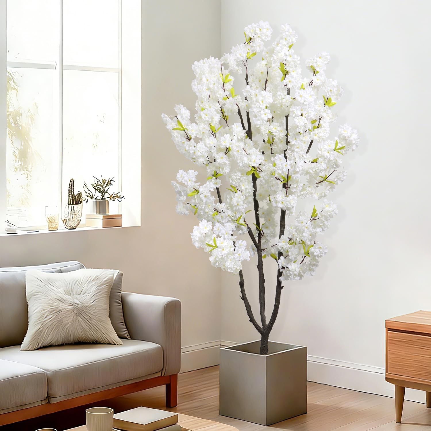 Faux White Cherry Blossom 6ft(72in) Artificial Floor Plant for Indoor Decor N…
