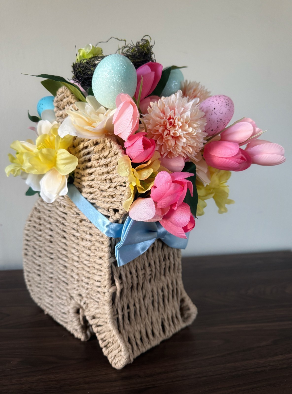 Rabbit Shaped Container With Yellow, Pink, & White Flowers Centerpiece