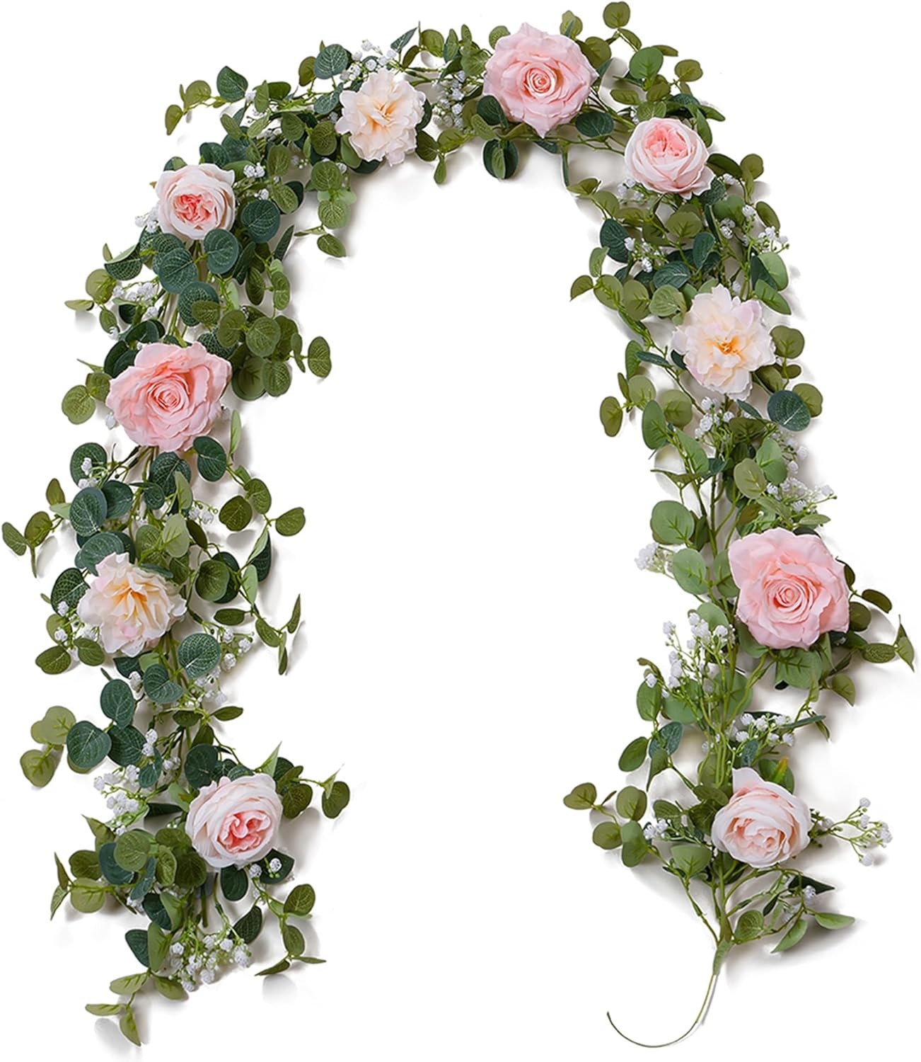 Artificial eucalyptus wreath with flowers, fake roses, and baby’s breath flowers