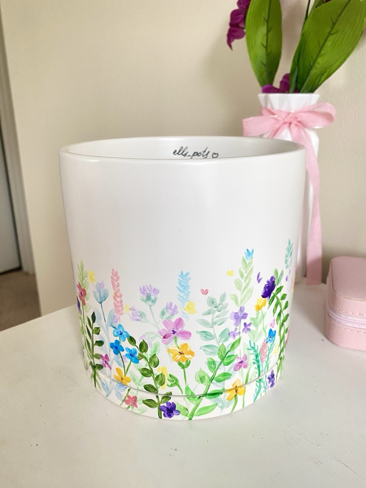Hand-Painted Flower Pot – Wildflower Garden Design, 6.5 inch, Boho Planter