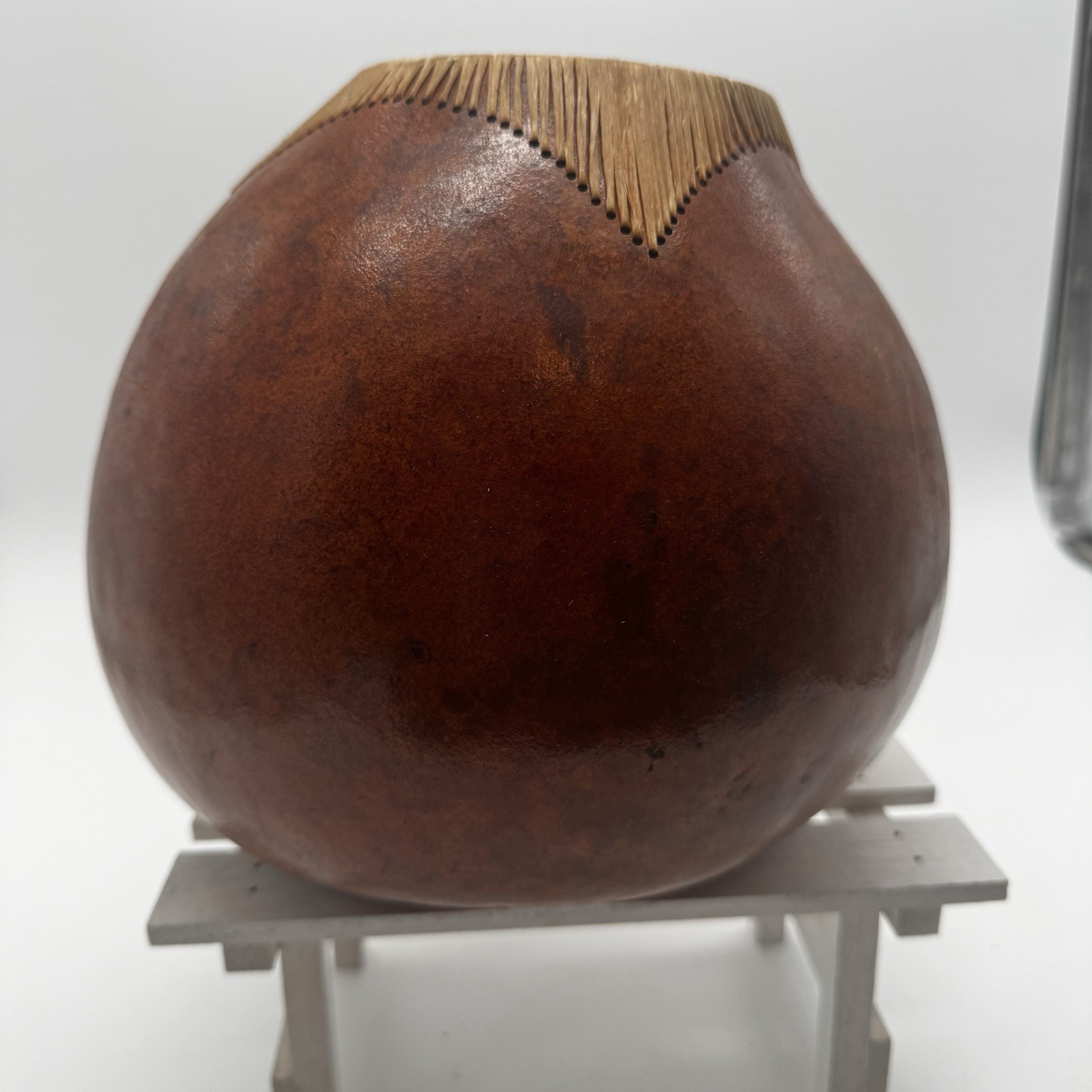 Home decor Gourd large primitive folk art Woven Trim dried flower vase