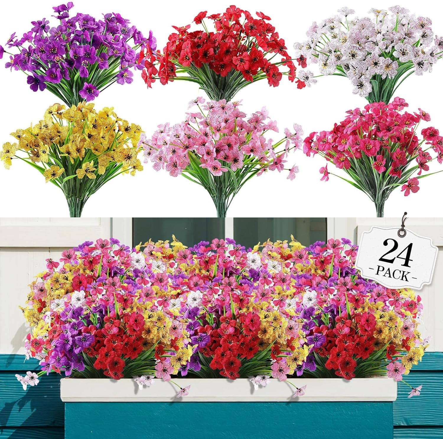24 Bundles Artificial Flowers for Outdoor,No Fade Fake Plastic Flowers Faux P…