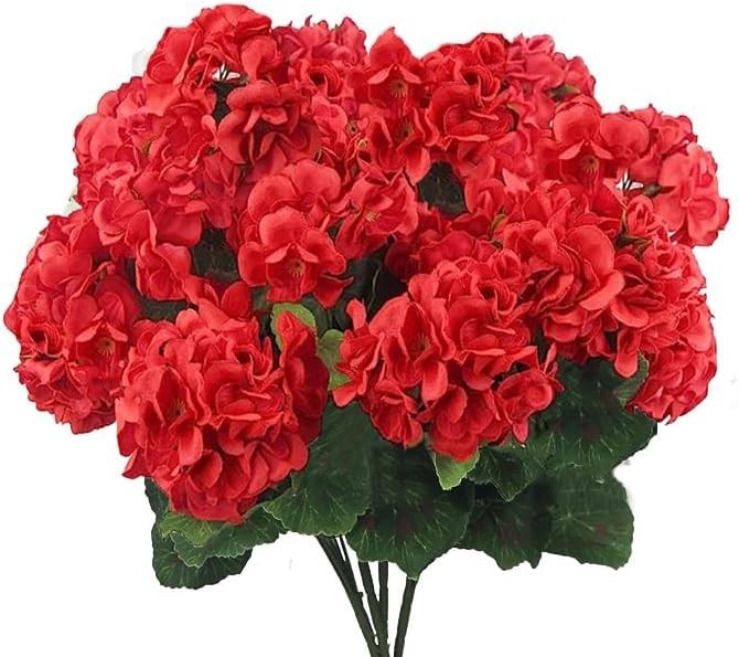 4PCS Artificial Red Geranium Silk Flowers Outdoor Plant Bush Faux Flowers Gerani