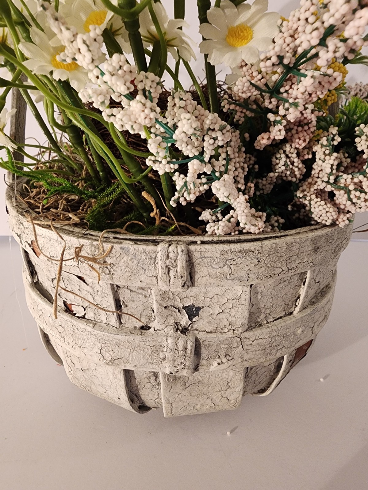 Artificial Bird Floral Arrangement In Crackled Apple Basket Summer Accent Piece