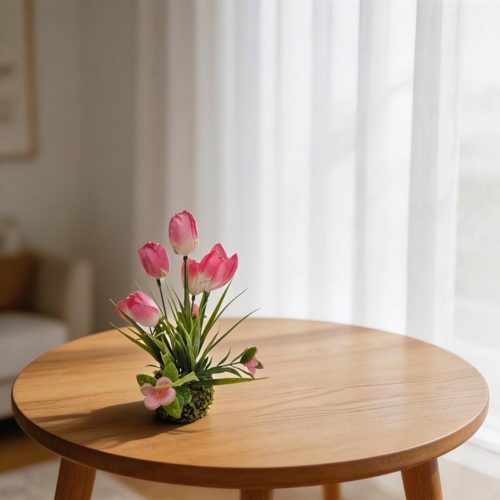 Artificial Pink Tulip in Decorative Moss Ball 7.5cm 23cm for Bookshelf