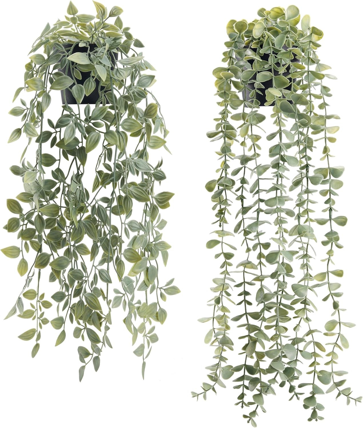 2Pcs Fake Plants Hanging Artificial Decor Faux Potted Eucalyptus and Pea Pod Pla