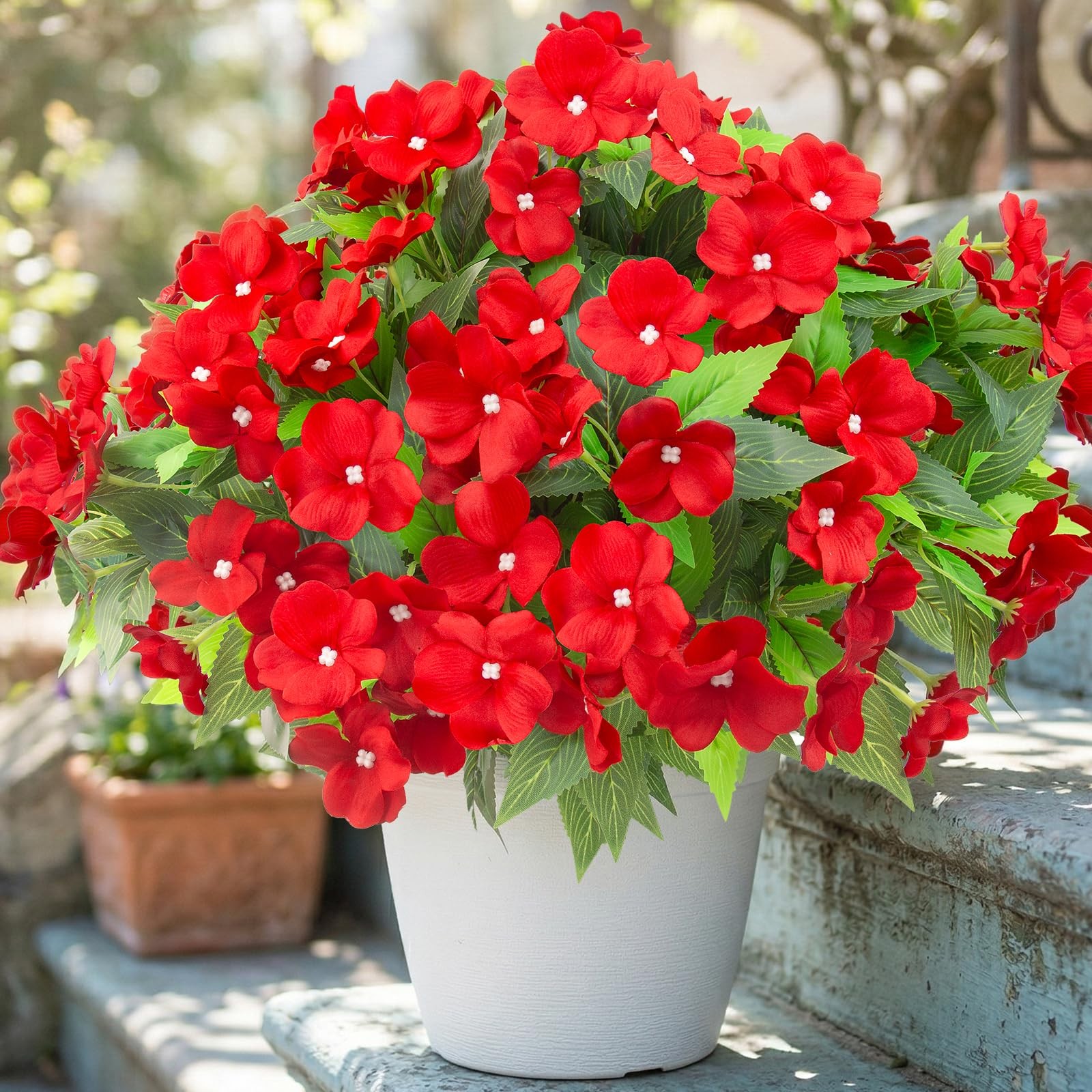 Daynight 4pcs Artificial Impatiens Flowers UV Resistant Red Decor