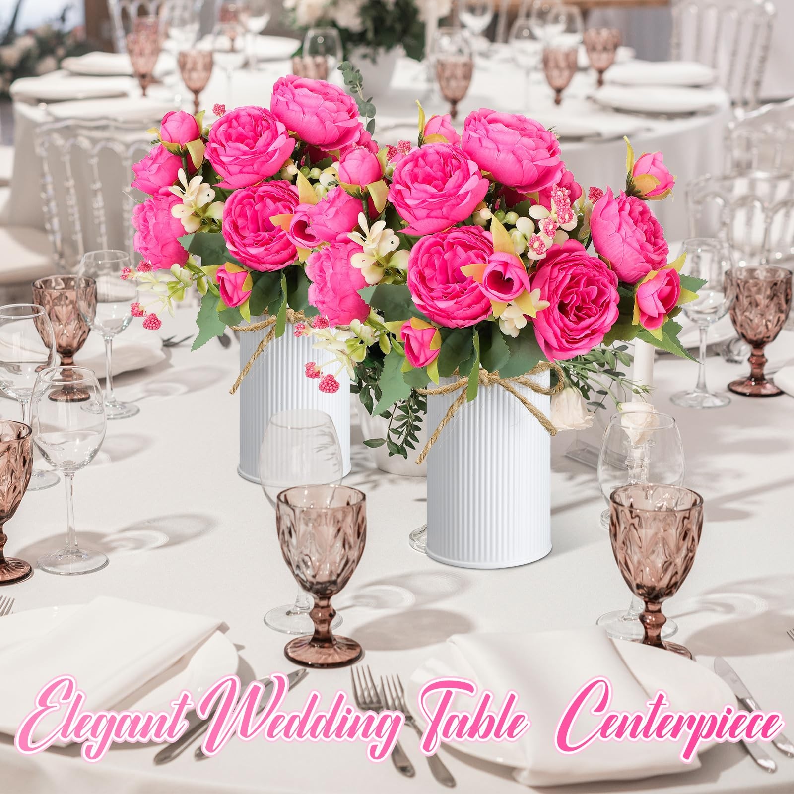 Artificial Peonies Flower Bouquet With Metal Pot Faux Floral Rose Red 3 Sets