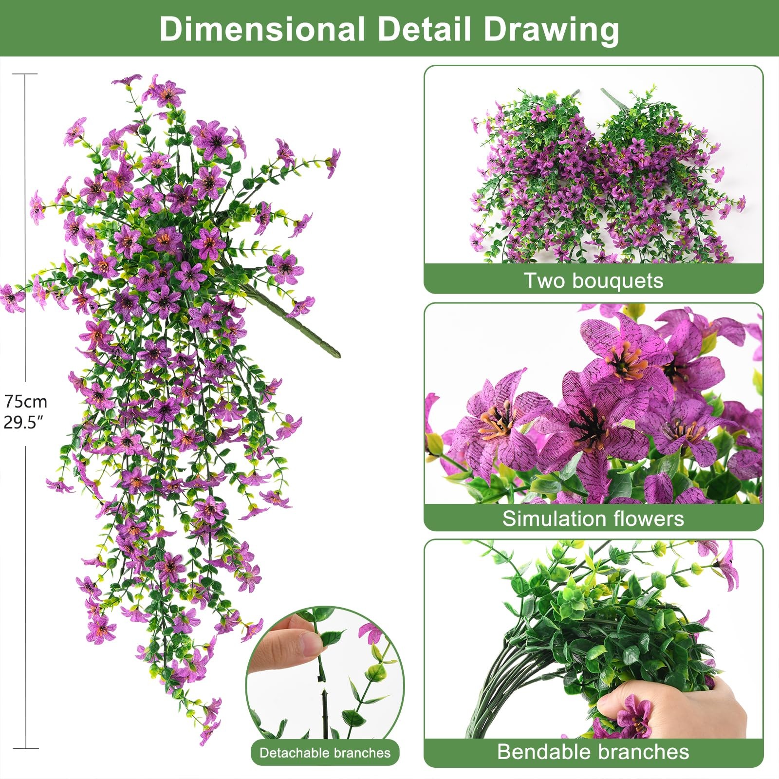 Artificial Fake Hanging Flowers Plants for Outdoor Spring Decoration,2 PCS Fa…