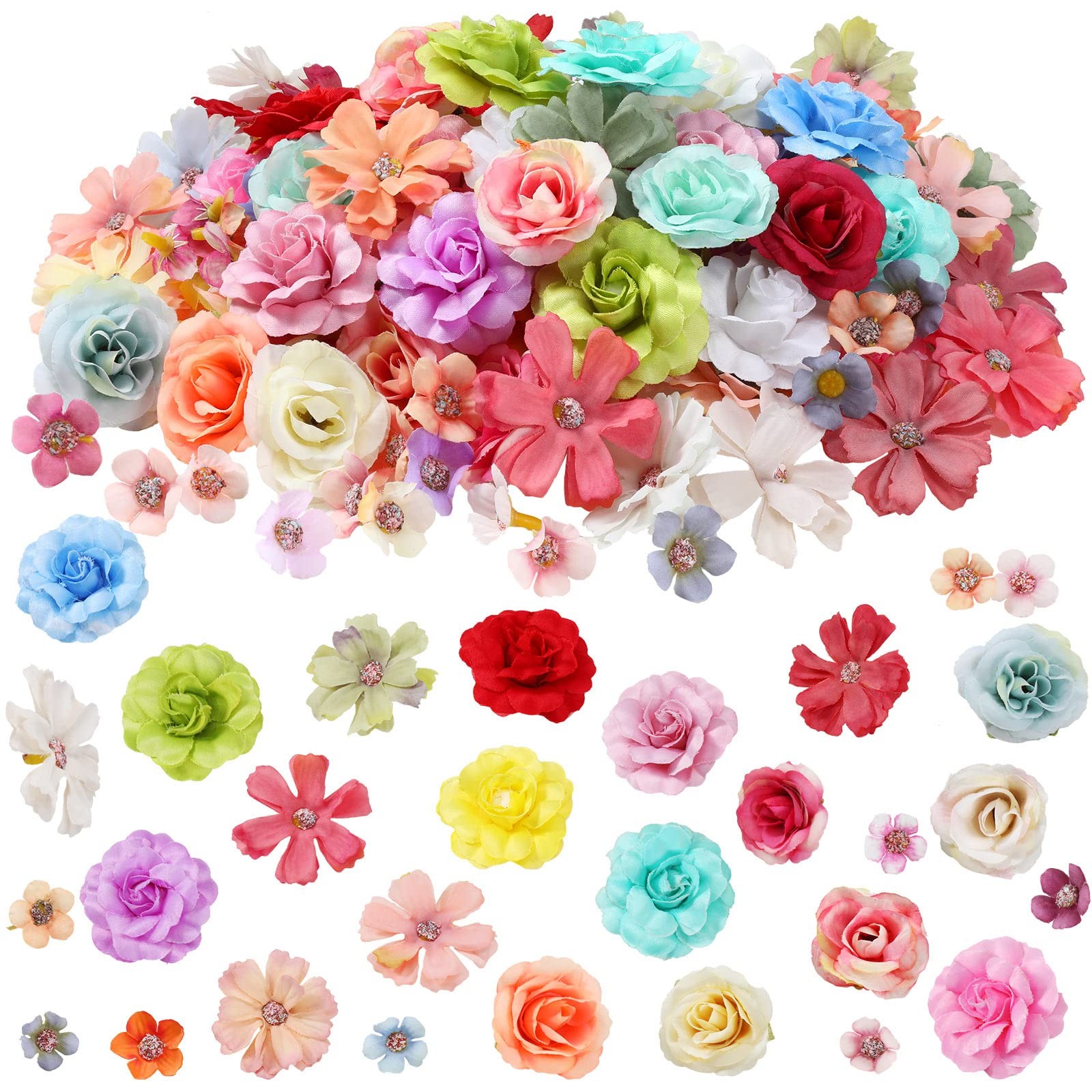 300 PCS Spring Assorted Small Fake Flower Heads Silk Daisy Rose Plum Craft