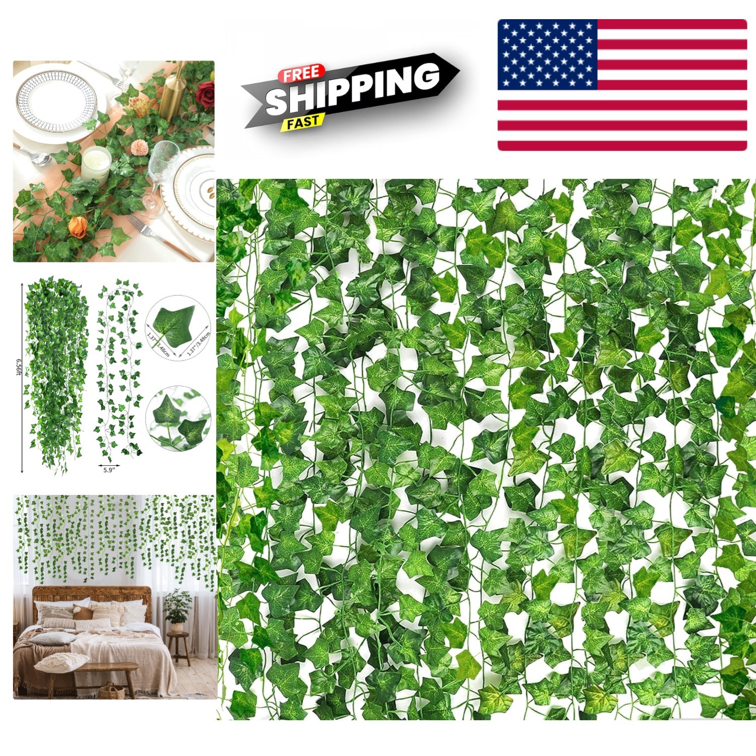 Flexible Plastic Ivy Runners 24 Count 168 Inches Long Green Faux Vine for Decor