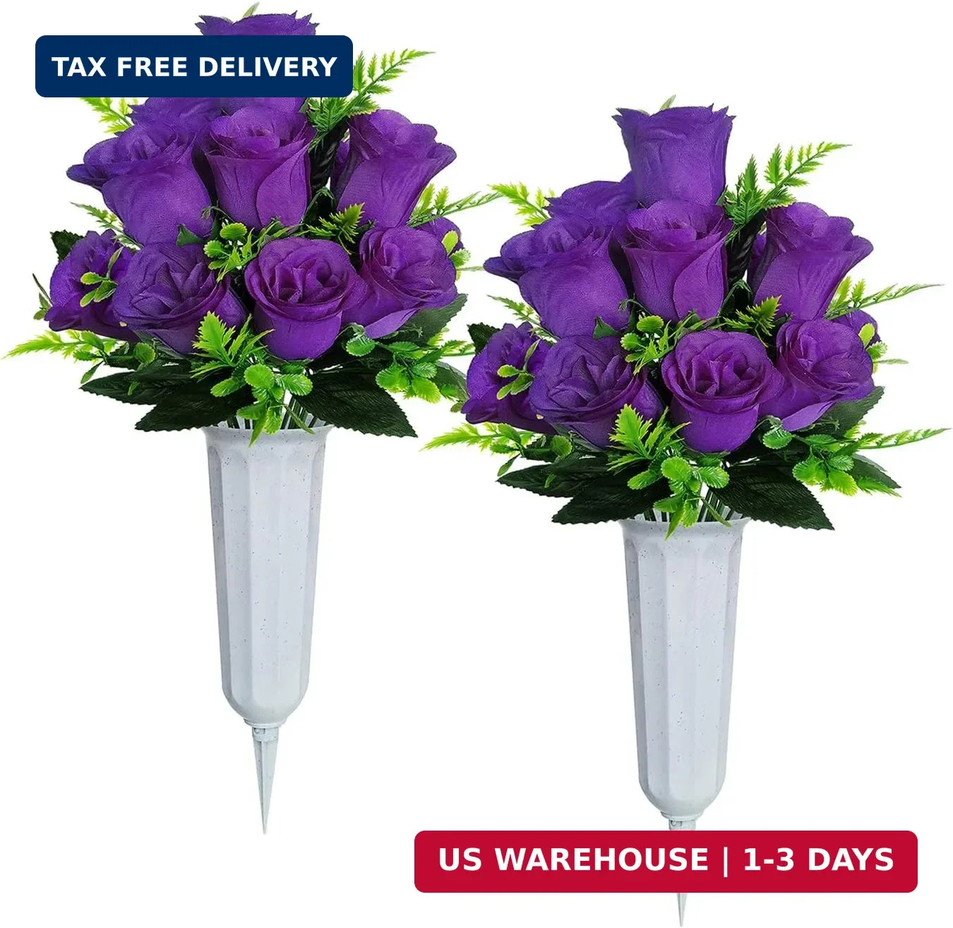 Artificial Cemetery Flowers,2 Sets Artificial Rose Flowers with Vase,Memorial Fl