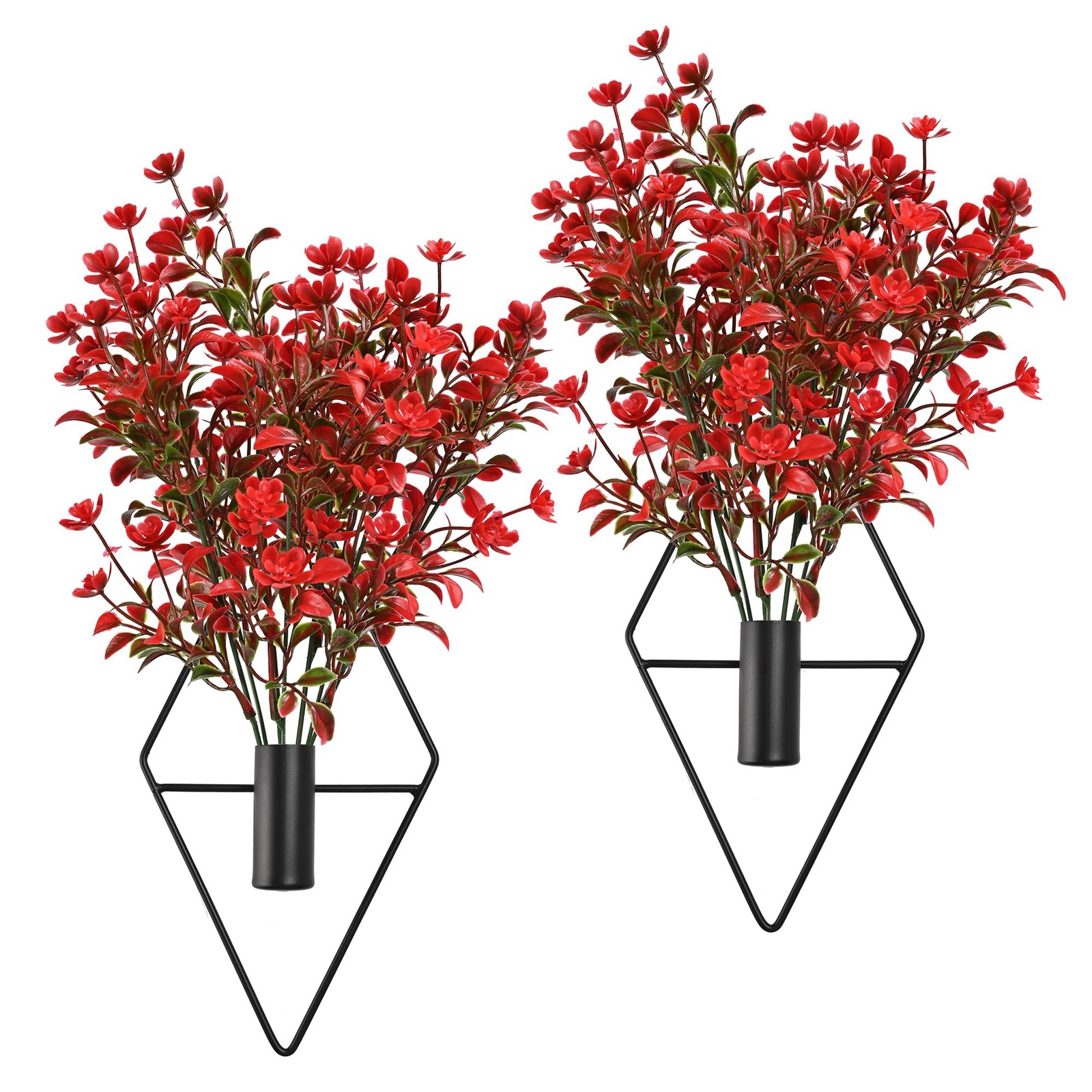 Plant Wall Decor with Red Artificial Flowers in Diamond Hanging Vase Set of 2…