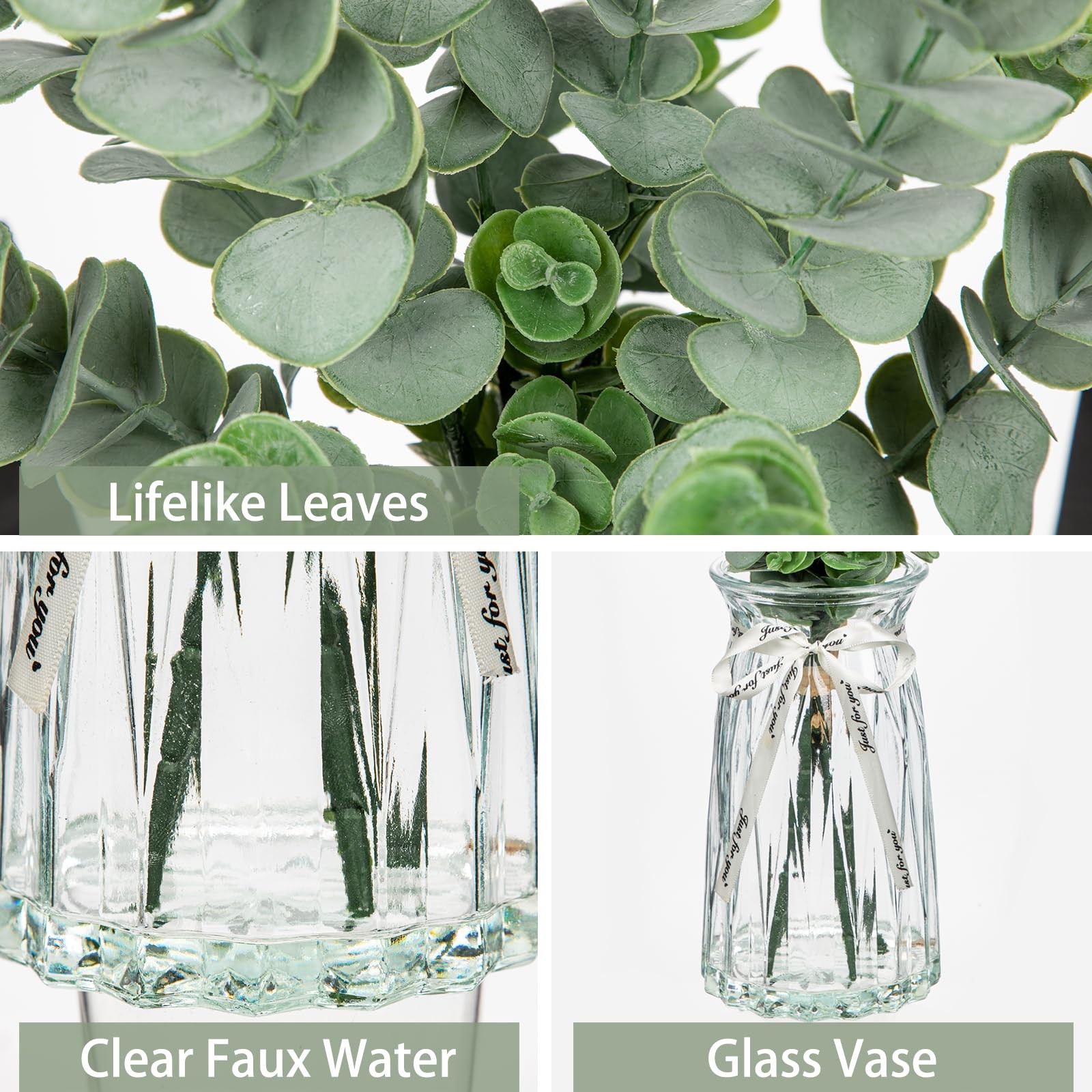 Artificial Eucalyptus Stems in Glass Vase with Faux Water, 20.4″ Fake Plant E…