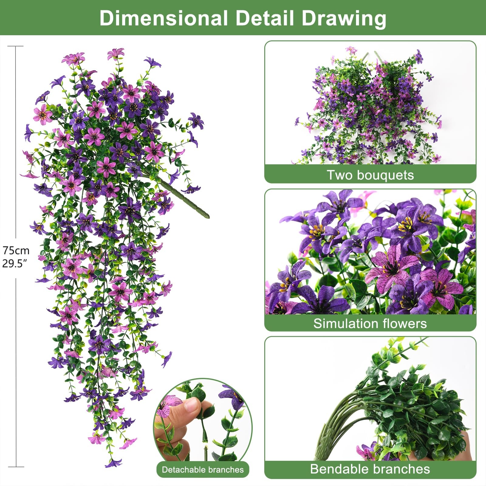 Artificial Fake Hanging Flowers Plants for Outdoor Summer Decoration,2 PCS Fa…