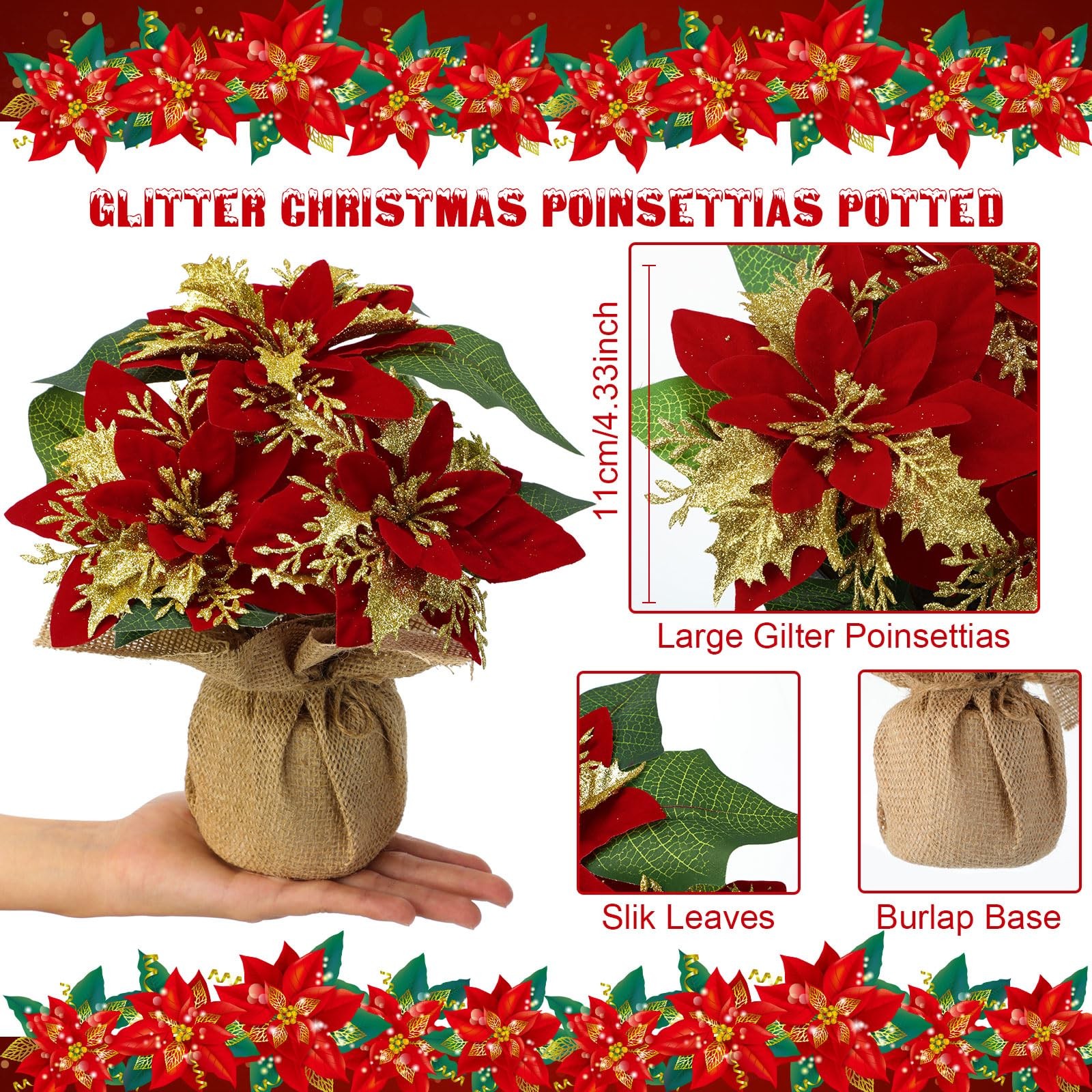4 PCS 9 Inch Mini Artificial Poinsettias In Pots Faux Red Glitter Plants Xmas