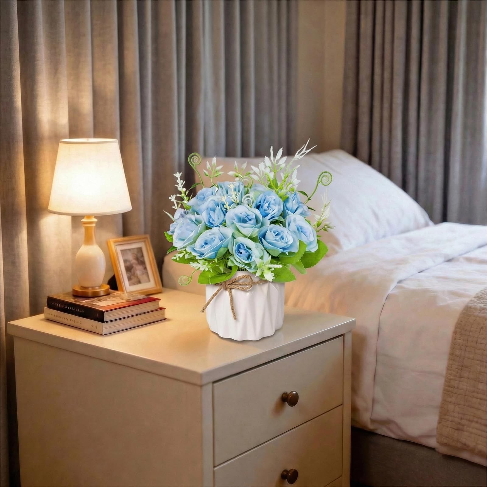 Blue Artificial Roses with Ceramic Vase, No Maintenance Fake Flowers for Tabl…
