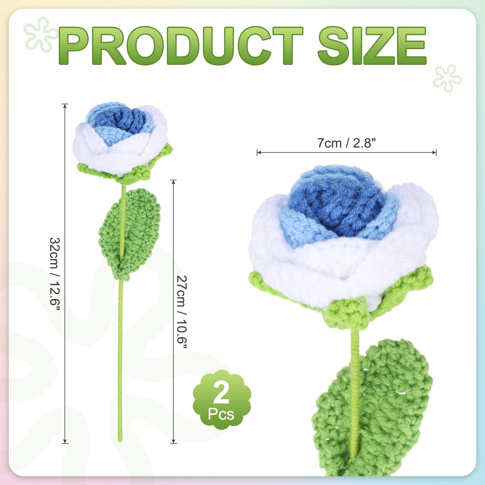 2Pcs Crochet Flower Rose Handmade Knitted Bouquet Blue Gradient,