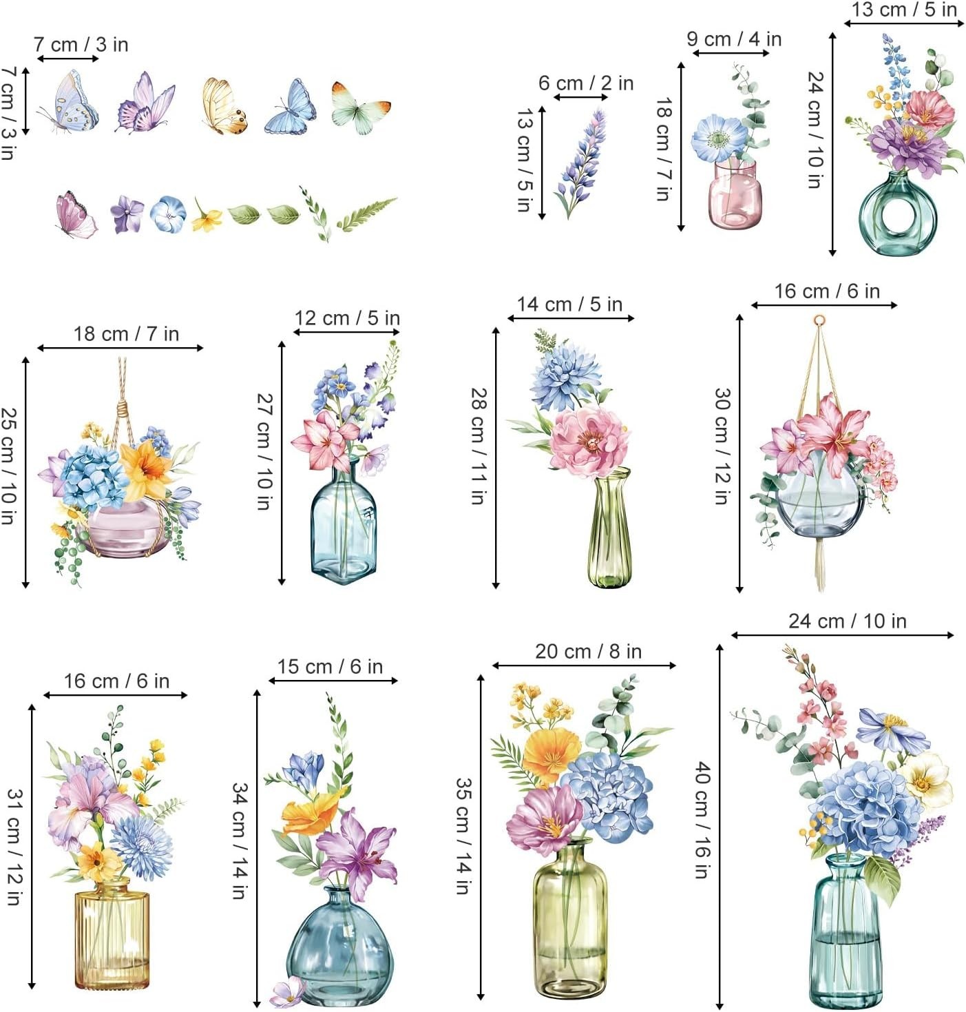 Spring Summer Potted Flowers Vase Window Clings Double Sided Blue Purple Wild…