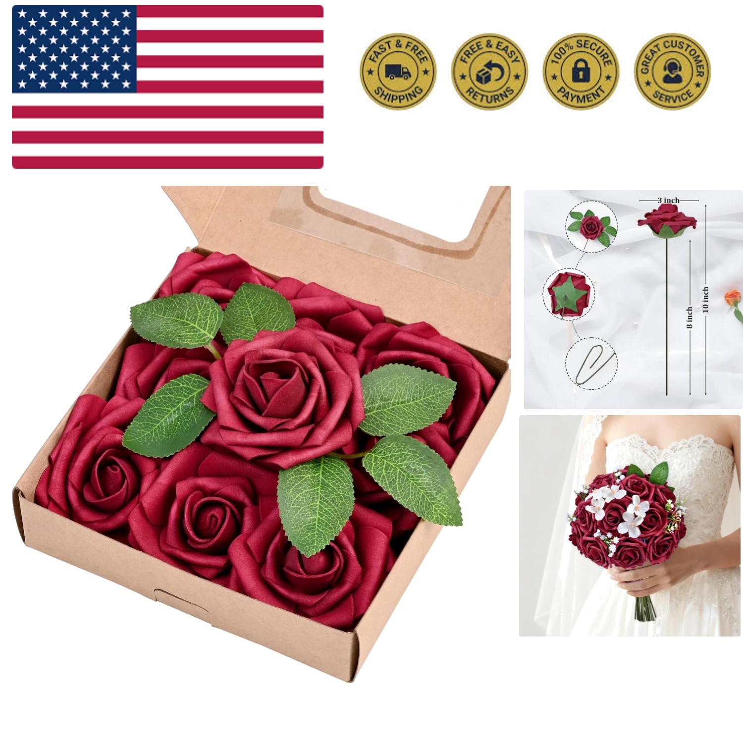 9 Pcs Artificial Flowers Fake Rose with Stems – Red Real Touch Foam Roses for…
