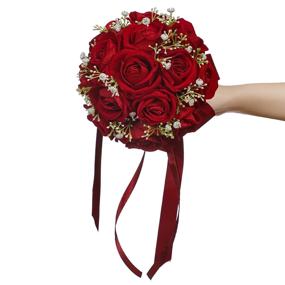 Red Rose Bouquet Bride Artificial Silk HandHeld Wedding Party Decor