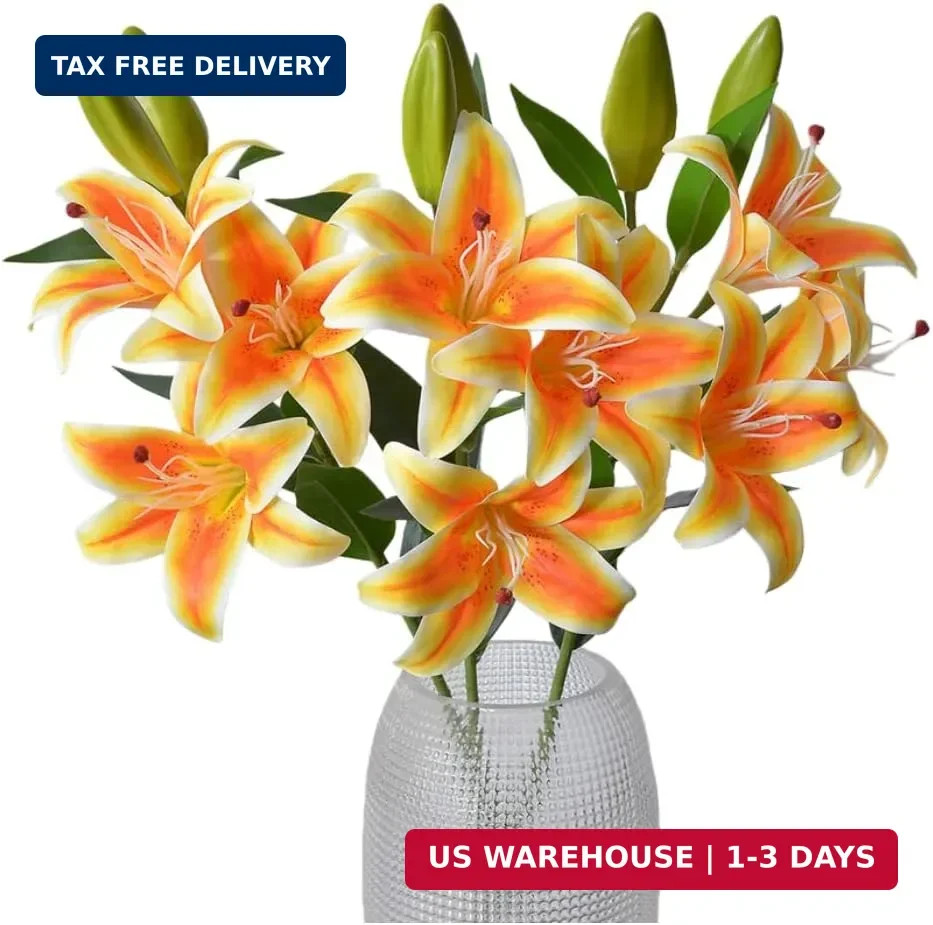 6 Bundles Artificial Tiger Lily Flowers White Touch Lilies Flower Bouquet Faux F